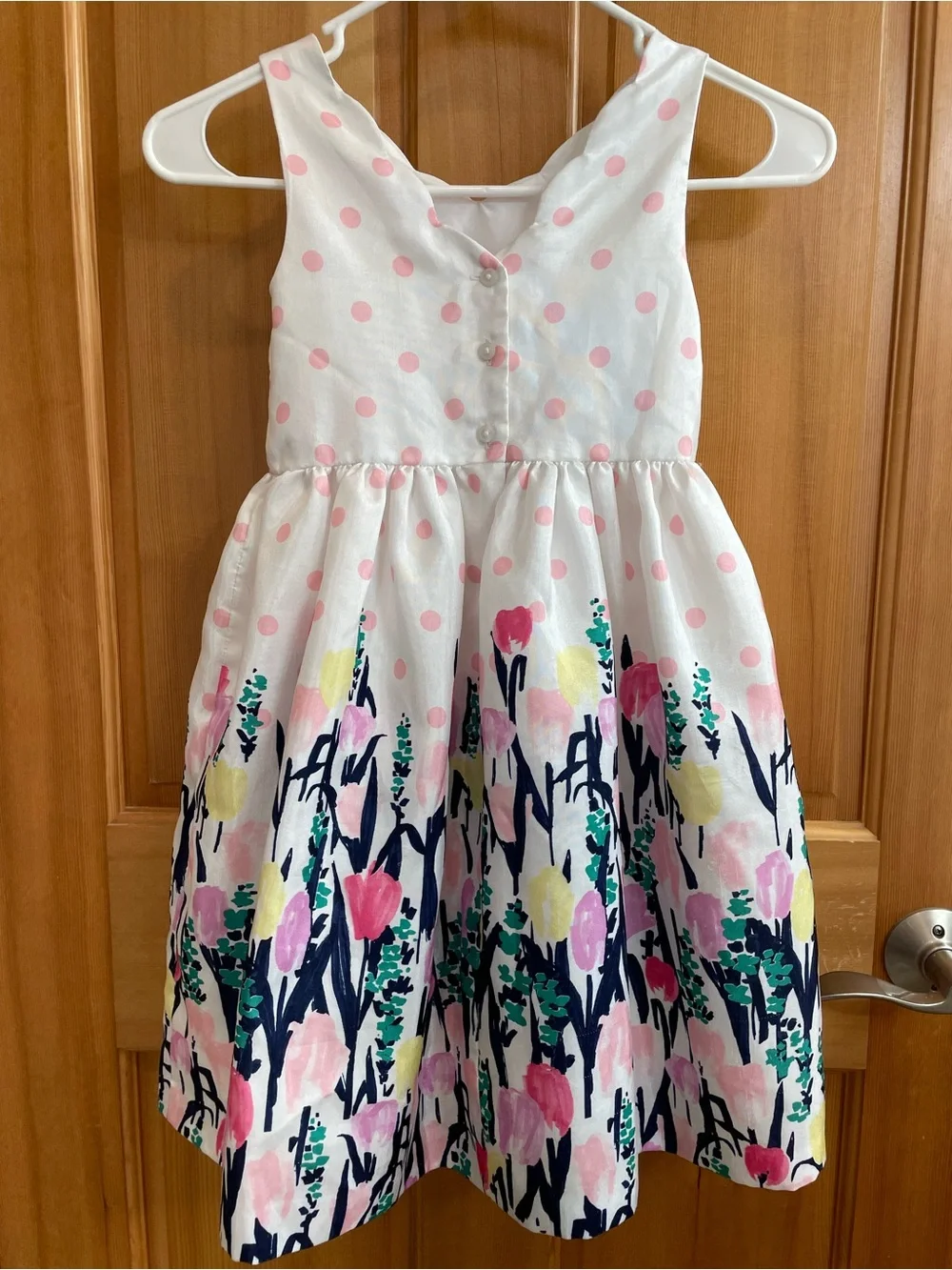 Gymboree White Dress with Pink Polka Dots & Tulip Floral Skirt, Sz 6